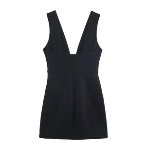 Ärmelloses schwarzes Mini-Kleid mit tiefem V-Ausschnitt und hoher Taille