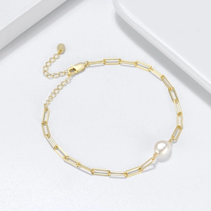 925 Sterling Silver Paperclip Chain Bracelet With Natural Freshwater Pearl Adjustable Minimalism Jewelry