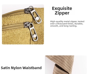 Detail view of durable antique metal zippers and smooth nylon webbing on canvas waist bag