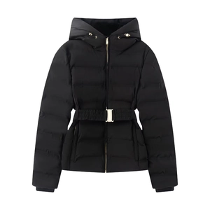 Women's Hooded Polyester Puffer Jacket Short Quilted Padded Coat With Waist Belt Fleece Lined Winter Fashion Slim Outerwear