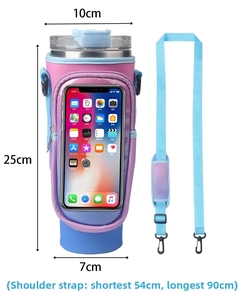 Size chart detail for blue gradient water bottle carrier with phone pocket and strap