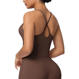 Soutien-gorge sport marron dos croisé en nylon extensible pour le fitness et yoga