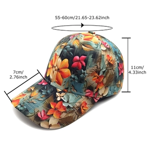Floral print baseball cap with spring flower patterns and detailed size measurements