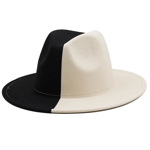 Detail of two-tone wool felt fedora showing sharp black and cream color contrast stitching