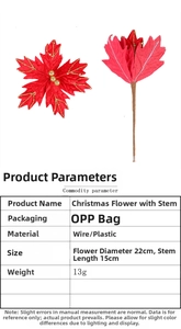 Detailed specs of 22cm red Christmas flower with glitter edges and 15cm wire stem