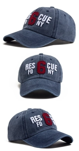 Three-way detail view of dark blue washed cotton baseball cap with 3D embroidery