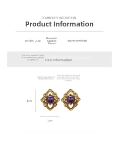 Detail showing vintage gold rhombus earrings with purple zircon and product dimensions
