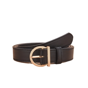 Detailed view of black leather belt with a polished golden D-shaped metal buckle