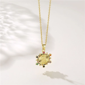 Golden stainless steel necklace with religious Virgin Mary pendant and colorful zircons