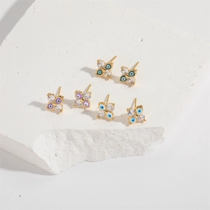 Evil eye four-leaf clover stud earrings with colorful enamel and zircon in gold finish