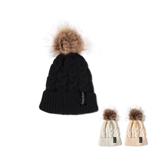 Bonnet En Tricot D'Hiver Pour Bébé Acrylique Torsadé Avec Pompon En Fausse Fourrure Étiquette Freedom