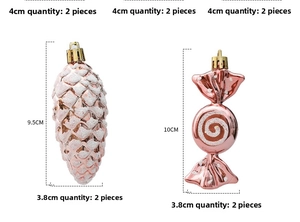 Detail of rose gold pinecone and candy Christmas ornaments with dimensions 9.5x3.8cm