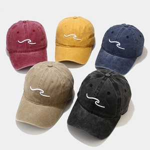 Casquette De Baseball En Coton Lavé Broderie Vague Rétro Ajustable Protection Solaire Chapeau Plein Air Hommes Femmes