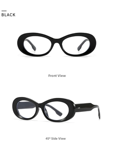 Front and side view of black oval sunglasses featuring double diamond rivet details