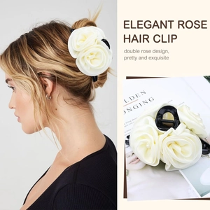 Large double white satin rose hair claw clip for women with elegant floral design