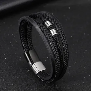 Men's multilayer black braided leather bracelet with silver metal charms and magnetic clasp