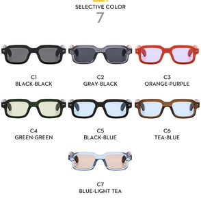 Detailed grid of retro square arrow sunglasses in 7 vibrant color combinations
