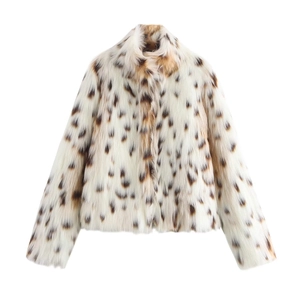Women Faux Fur Jacket Coat Leopard Spotted Print Long Sleeve Warm Plush Winter Loose Streetwear Outerwear