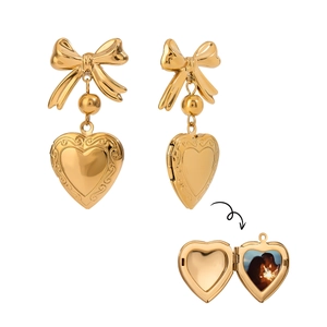 18k gold plated heart locket earrings with ribbon bow design and photo insert