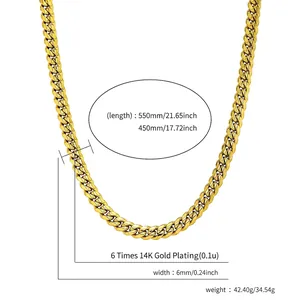 6mm gold-plated titanium steel Cuban link chain with lobster clasp for men and women