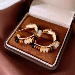 Maillard Style C Shaped Hoop Earrings With Tiger Eye Stone Beads 18K Gold Plated Copper And 925 Sterling Silver Earring Post