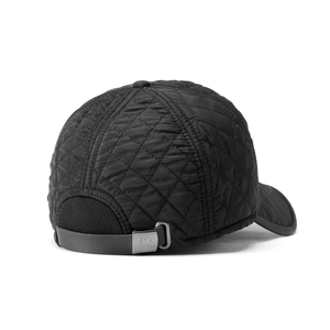 Detail of quilted winter baseball cap featuring leather strap and branded metal buckle