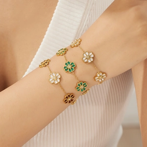 Multi-layer gold plated floral bracelet with daisy pendants and shell inlays for women