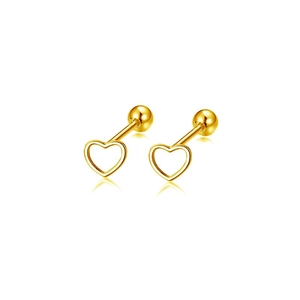 Minimalist gold heart stud earrings with screw-back closures on a white background
