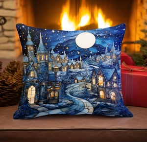 Detail of Christmas pillowcase featuring a stained glass blue snowman in a cozy room
