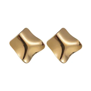 Irregular Geometric Square Stud Earrings 18K Gold Plated Stainless Steel Modern Concave-Convex Mirror Finish For Women