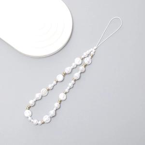 Handmade phone wrist strap featuring irregular white pearls and gold bead accents
