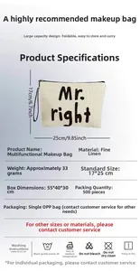 Détails de la trousse de maquillage en lin Mr. Right avec taille 17x25cm et poids de 33g