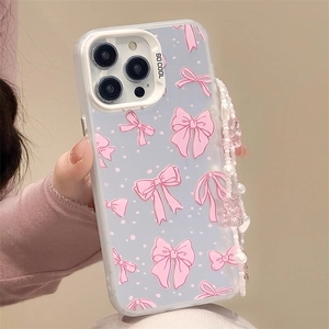 Blue frosted laser phone case with pink bow and beaded strap for iPhone 16 Pro Max