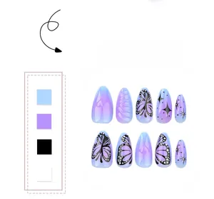 Macro detail of almond-shaped purple gradient press-on nails with butterfly and star motifs