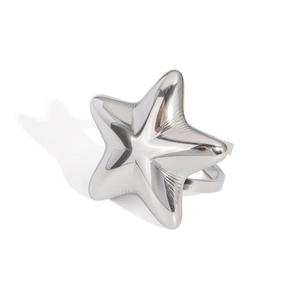 Macro detail of silver star-shaped ring made of high-quality titanium steel