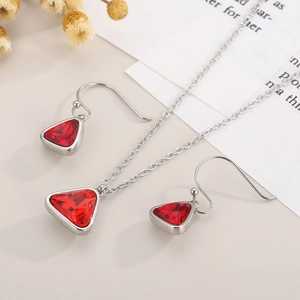 Minimalist silver steel jewelry set with red triangle crystal necklace and earrings
