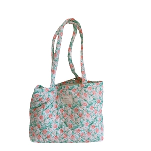 French style floral quilted cotton tote bag with pink rose patterns and large capacity