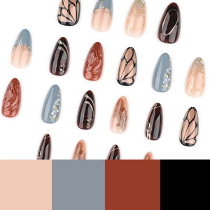 3D pearlescent press-on nails with butterfly and marble patterns in short almond shape