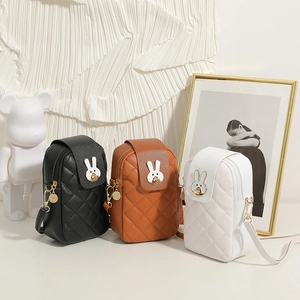 Quilted mobile phone crossbody bag with rabbit metal buckle in black, white, and brown