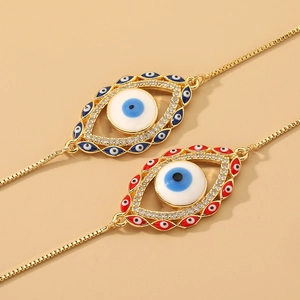 Hip hop evil eye bracelets with blue and red enamel charms and adjustable gold chains