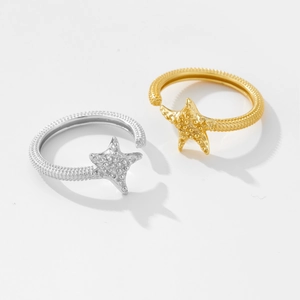 Adjustable S925 silver starfish rings with textured grain finish in gold and silver