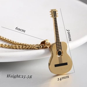 Detail showing 50mm gold guitar pendant dimensions and 60cm box chain specs