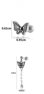 Detailed view of silver butterfly cartilage studs with engraved wings and dimensions