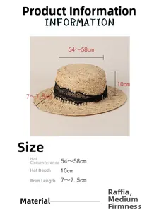 Guide des tailles du chapeau plat en raphia avec dentelle et détails des dimensions