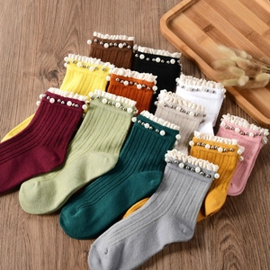 Women's vintage cotton crew socks with white lace ruffle edges and pearls in multi-color pack