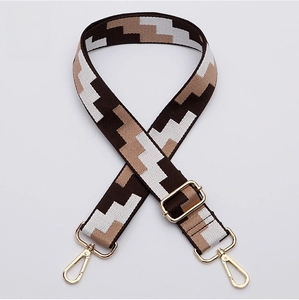 Close-up of geometric patterned shoulder strap with gold-tone metal swivel hooks