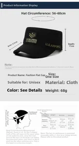 Size chart and dimensions for camo flat top cap showing head circumference measurements