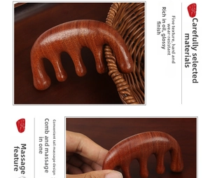 Macro detail of sandalwood massage comb showing smooth wide teeth and natural grain texture