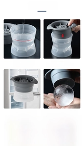 Four-step guide for using the spherical ice ball maker with silicone lid and plastic base