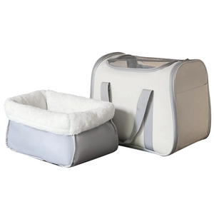 Beige portable cat carrier bag with breathable mesh and plush gray pet cushion mat